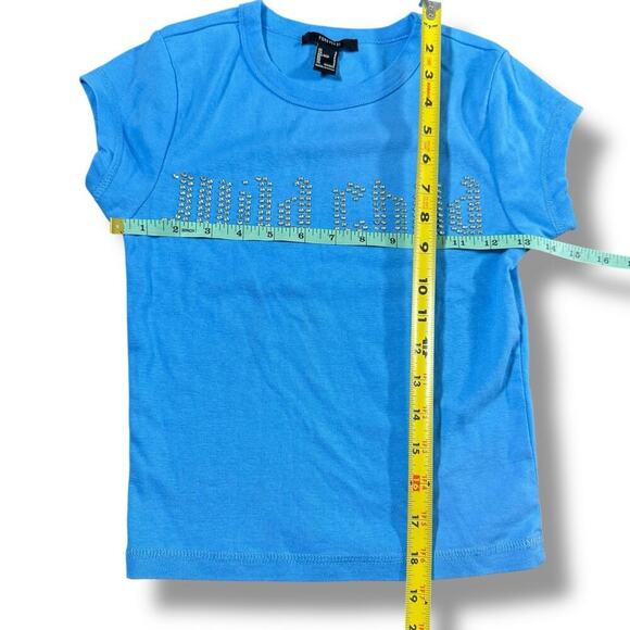 Forever 21 Y2K Rhinestone Baby Tee Women’s Small Blue Wild Child Graphic Mcbling - Picture 4 of 7